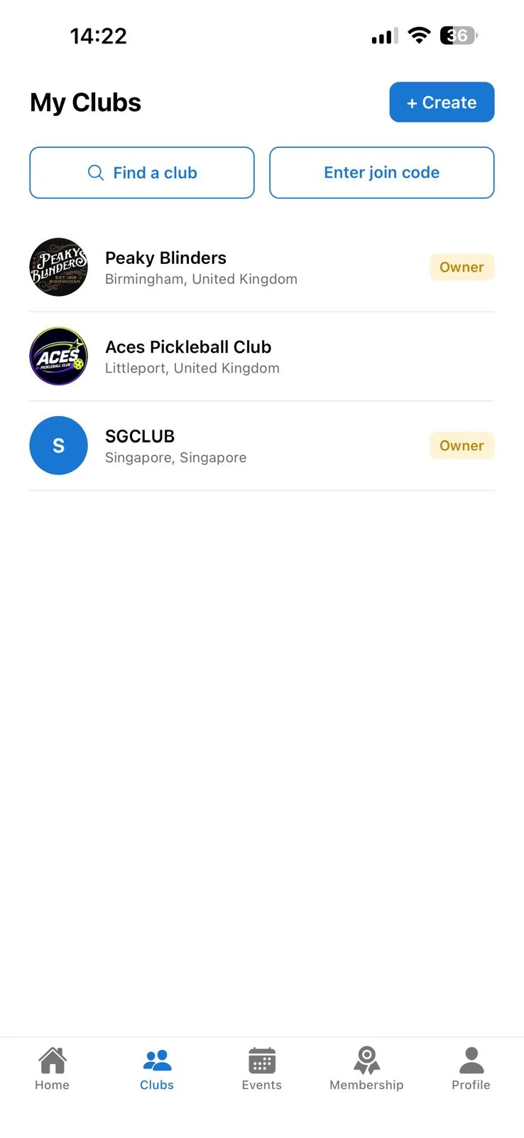 DinkHub My Clubs screen