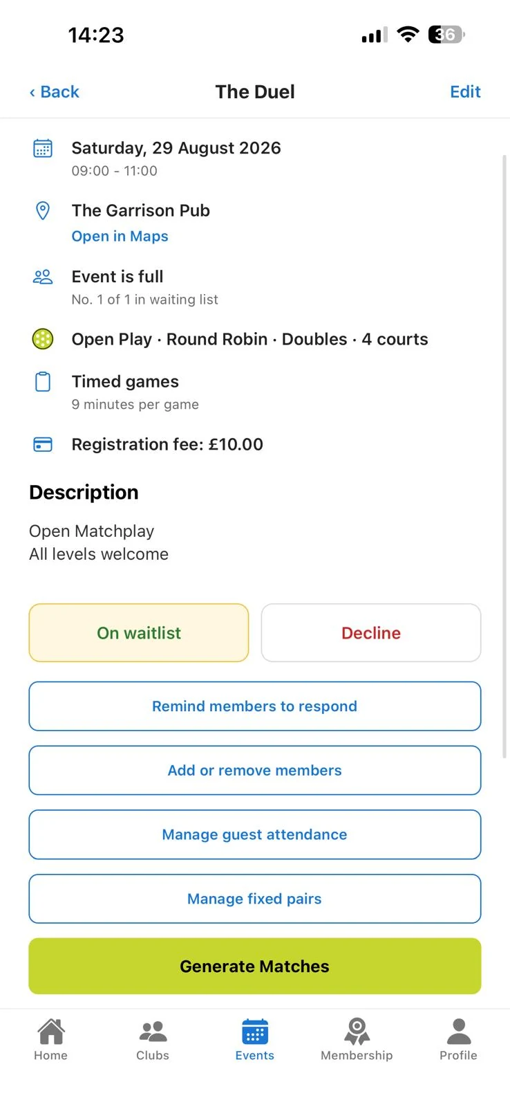 DinkHub event detail screen with waitlist, format and organiser controls