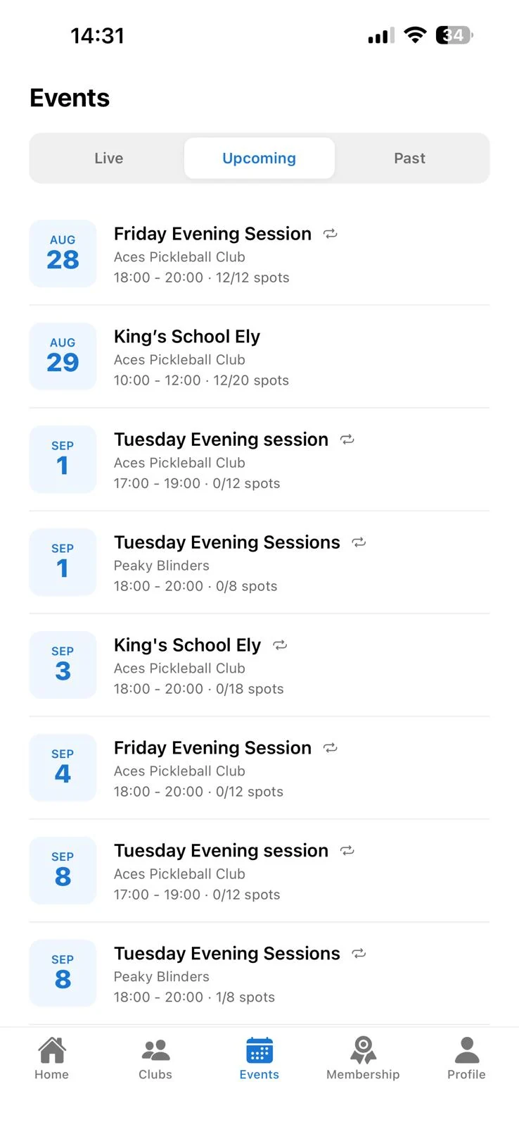 DinkHub upcoming events list