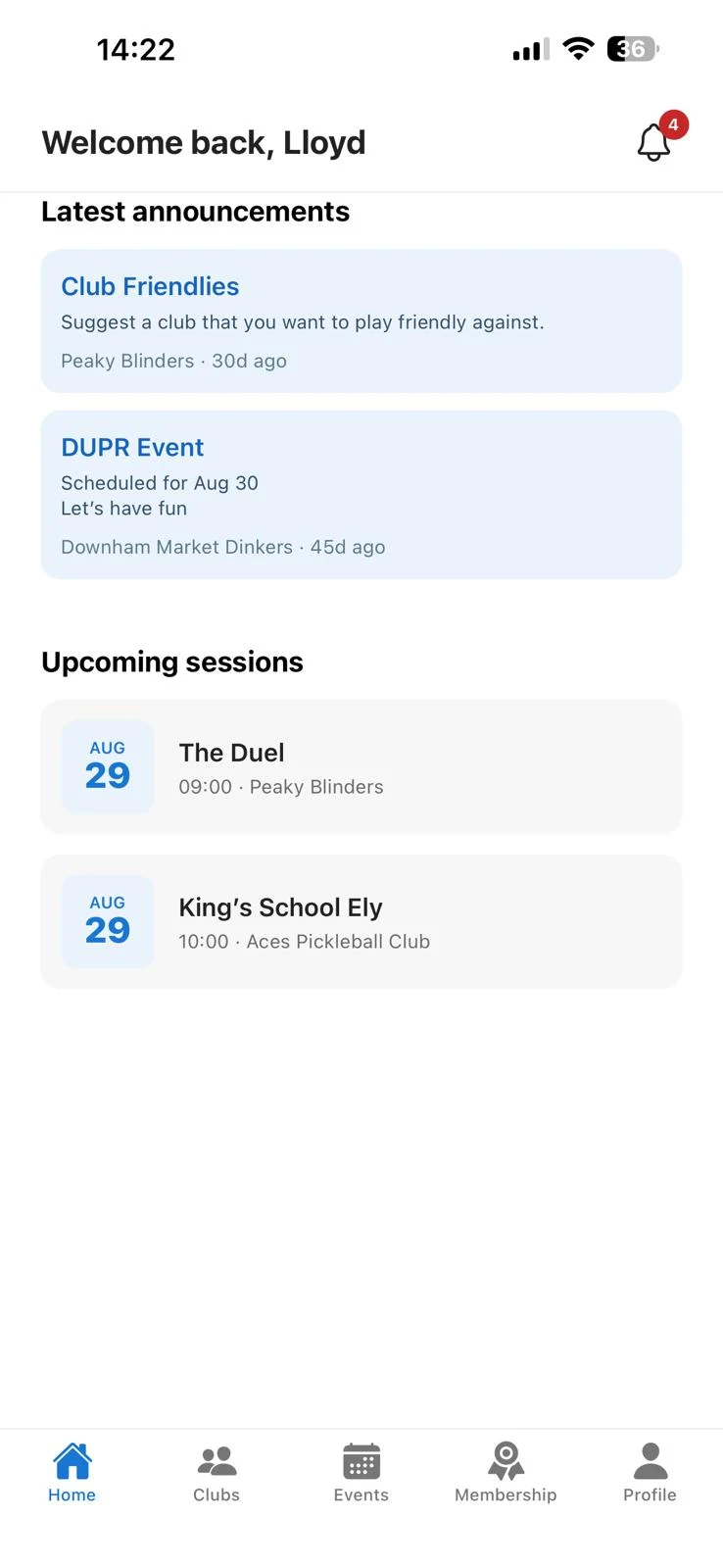 DinkHub home screen showing announcements and upcoming sessions