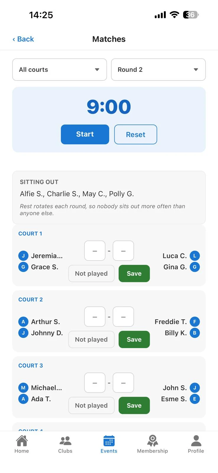 DinkHub second round showing rotated players and sitting-out players