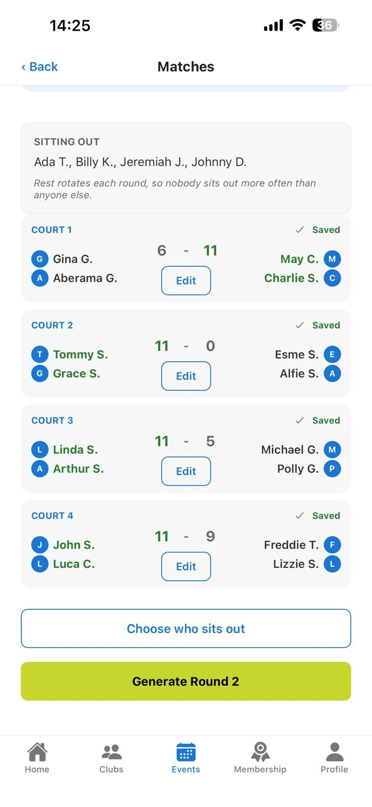 DinkHub match screen with saved court scores